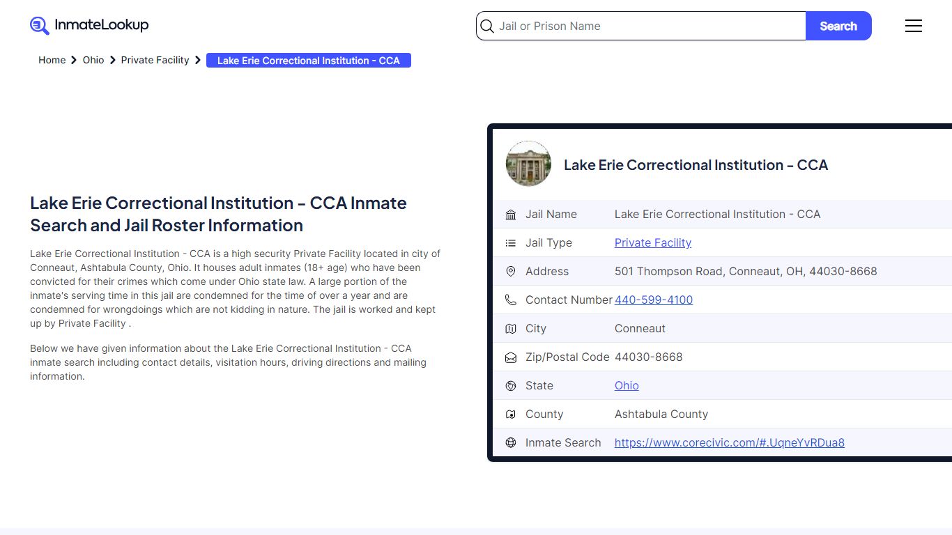 Lake Erie Correctional Institution - CCA Inmate Search, Jail Roster ...